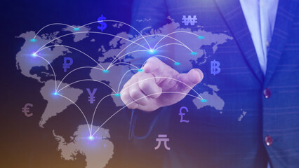 Online banking interbank payment concept. Businessman pressing with virtual global currency symbols. money transfers and currency exchanges between countries of the world.
