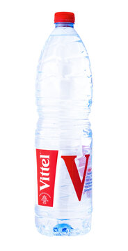 Bottle Vittel Mineral Water in Plastic Bottle. Vittel is a French brand of bottled water popular worldwide. Isolated object