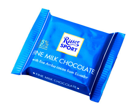 small mini chocolate Ritter Sport. Milk chocolate. Isolated object