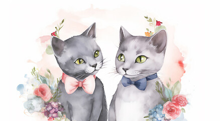 Wedding cat couple with flower. Cute cats married. Bride cats watercolor illustration on white background. Wedding couple concept.  Post processed AI generated image