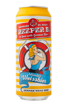 Can of beer Reeper B. Girls.in love with German Beer blondes Weissbier on a transparent background. production in Germany