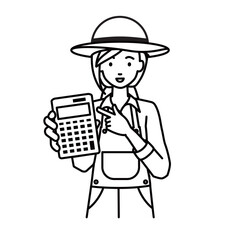 立って電卓を指差してこちらに向けて見せている農家の女性