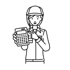 立って電卓を指差してこちらに向けて見せている作業員の女性