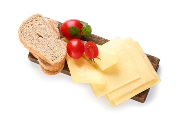 Board of tasty processed cheese with tomatoes and bread on white background