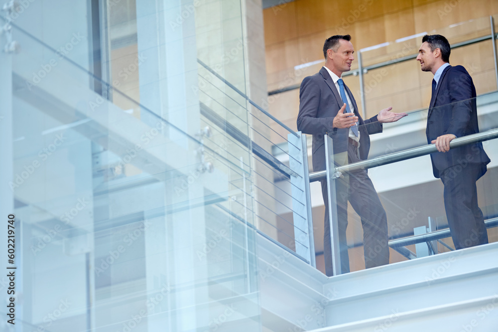 Poster Teamwork, collaboration or business people in office building lobby for communication, planning or speaking strategy. Corporate, manager or employees for meeting, idea discussion or talking together