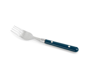 Silver fork with blue handle on white background