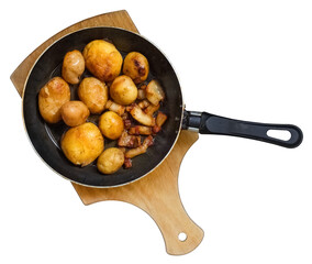 Fried potatoes on pork lard in a frying pan, transparent background. Isolated object. Element for design