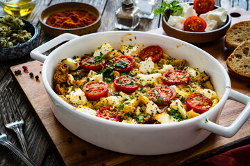 Bread casserole with feta cheese, tomatoes and eggs on wooden table
