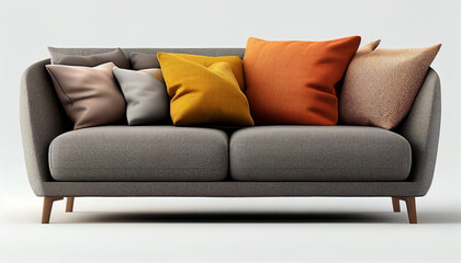 Simple, gray sofa with yellow and orange pillow cover. Generative AI 