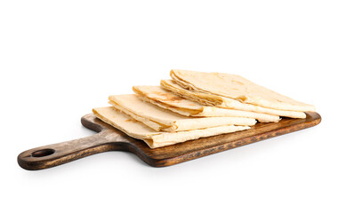 Wooden board with fresh thin lavash on white background
