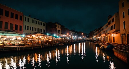 Fototapeta premium City Port Sea Canal on the City's Harbor at Night. Old Buildings and Marina Market Stalls on the Ocean Water. (generative ai)