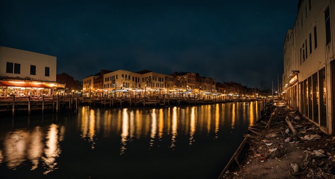 City Port Sea Canal on the City's Harbor at Night. Panorama Cityscape of Ocean Coastal Town. (generative ai)