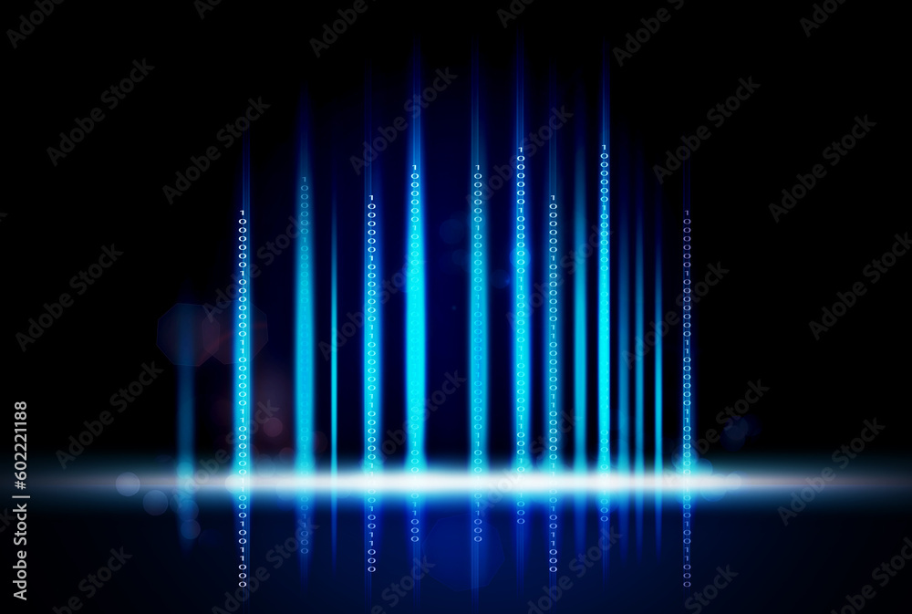Poster abstract background, technology and digital lights in metaverse with code, lights or lines. dark, fu