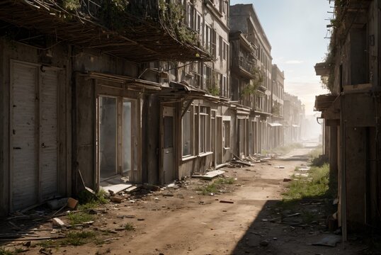 Foggy Morning Sunrise in Apartment Complex Alley. Overgrown town building in the Post Apocalypse. (generative ai)