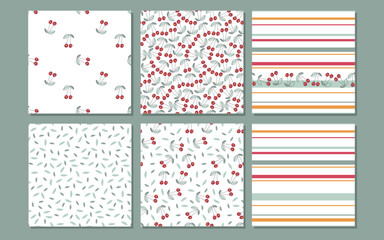 Cherry background collection. Six pattern cherry set. Abstract Seamless pattern with cherry, leaves, strips on white background. Backgrounds for textile, wrapping paper, wallpaper, cover design.