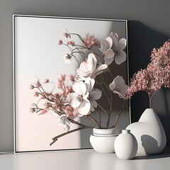 a branch with sakura flowers in a picture frame standing near the wall, 3d illustration, Generative AI
