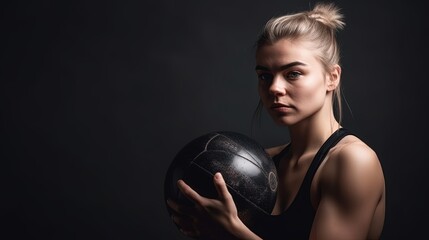 Portrait of beautiful sporty woman with fitness ball on gray background.Generative Ai