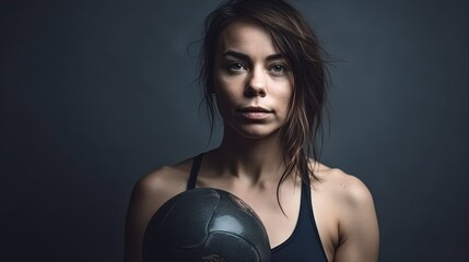 Portrait of beautiful sporty woman with fitness ball on gray background.Generative Ai