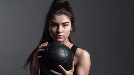 Portrait of beautiful sporty woman with fitness ball on gray background.Generative Ai