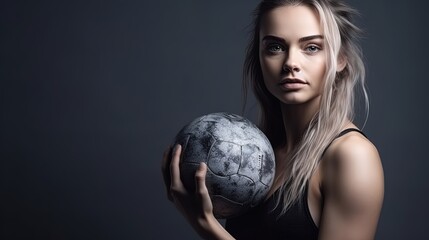 Naklejka premium Portrait of beautiful sporty woman with fitness ball on gray background.Generative Ai