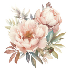 Pink and White Peony Bouquet Floral Watercolor Clipart, made with generative AI