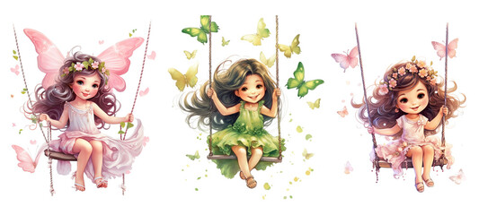Cute Little Princess Swing. Butterflies, Watercolor. Generative AI - obrazy, fototapety, plakaty