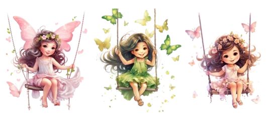 Fotobehang Cute Little Princess Swing. Butterflies, Watercolor. Generative AI © Aspect_Studio