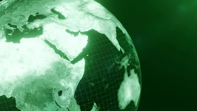 4k glowing and Futuristic animation of earth globe closeup left side, Business and Technology Green Background
