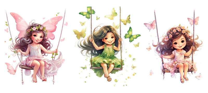 Cute Little Princess Swing. Butterflies, Watercolor. Generative AI