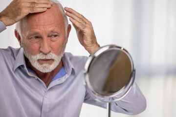 Senior man checking his hairline looking at mirror. Alopecia, hair loss and aging concept.