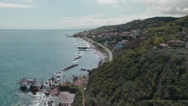 Impressive fishing platforms on stilts on the trabocchi coast Abruzzo 4k drone