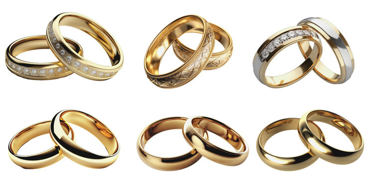 six pairs of gold wedding rings on a transparent background, Generative AI