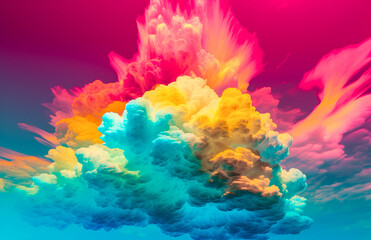 Fototapeta na wymiar A fairy tale landscape of the sky, thick pink clouds and colorful beautiful rainbow, gentle vivid colors. Imagination and beauty. Illustration. Generative AI.