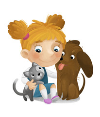 Fototapeta premium cartoon scene with school girl playing and having fun with dogs illustration for children