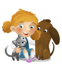 cartoon scene with school girl playing and having fun with dogs illustration for children