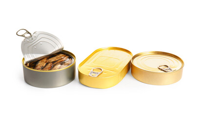 Canned smoked sprats on white background