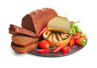 Board of canned smoked sprats with bread and chilli on white background