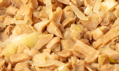 Close-up of sliced mushrooms with onions. The whole background