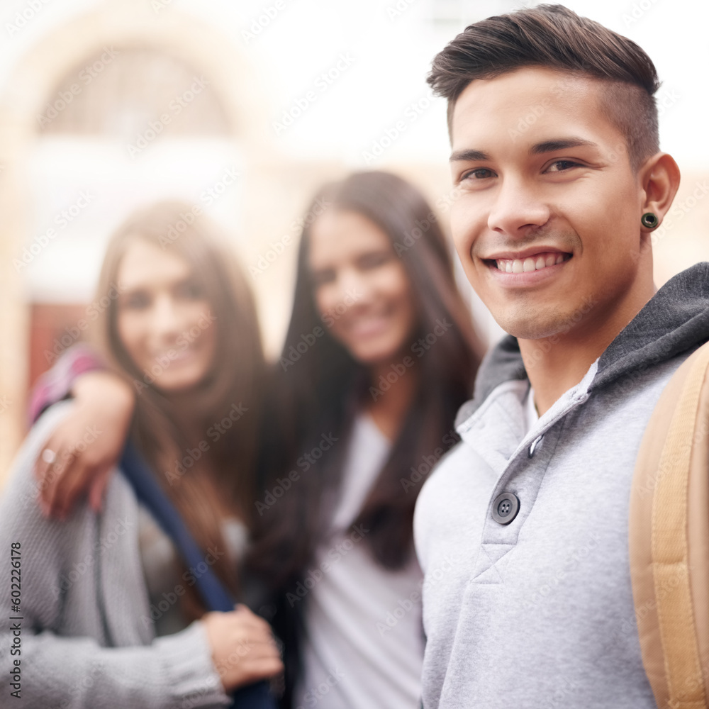 Canvas Prints Education, university and portrait of man with smile ready for studying, education and learning together. Friends, scholarship and happy male and women students smile for school, academy and college