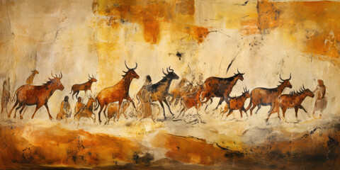 Primitive paintings on murals, wallpaper, backgrounds, textures, digital illustrations, AI generated