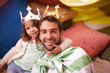 Crown, dress up and dad with princess fun in a bedroom fort with costume, girl and papa together. Play castle, happiness and smile with father and child in a home excited and happy about a game © Tasneem H/peopleimages.com