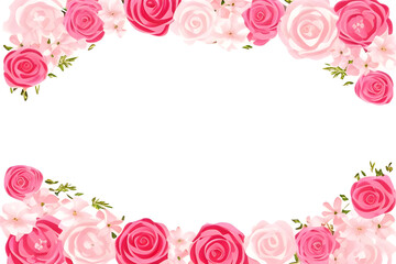 Pink roses frame border on white background. Generative ai