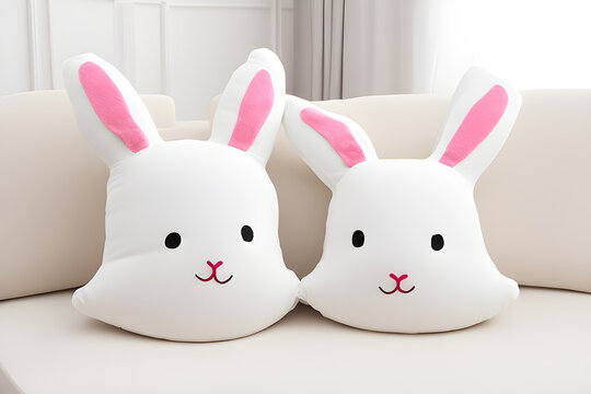 Cute bunny face pillows on couch. Generative ai