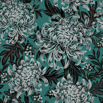Chrysanthemum seamless pattern. Handwork, graphics. Wallpaper, fabric design.
