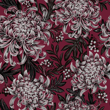 Chrysanthemum seamless pattern. Handwork, graphics. Wallpaper, fabric design.