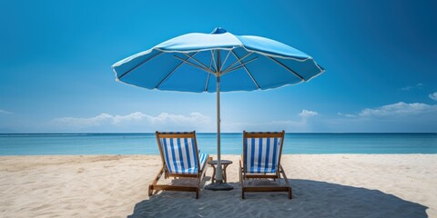 Blue umbrella with beach chairs on tropical beach blue sky background. Generative AI