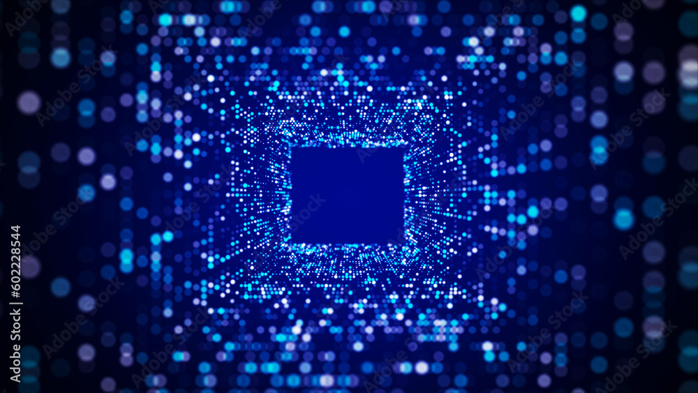 Poster Futuristic particle flow in cyberspace. Abstract bend 3d portal. Digital technology web flow. Big data visualization. 3d rendering.