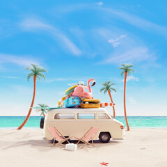 Summer vacation, travel holiday, van and beach accessories with beautiful sea background. 3d rendering	 - obrazy, fototapety, plakaty