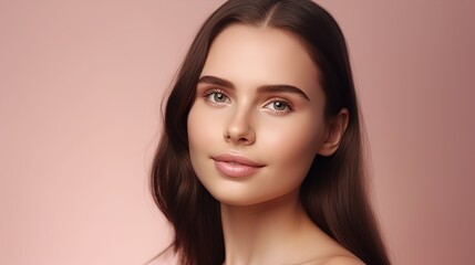Fototapeta premium Portrait of beautiful young woman with clean fresh skin on pink background.Generative Ai