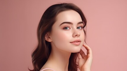 Fototapeta premium Portrait of beautiful young woman with clean fresh skin on pink background.Generative Ai